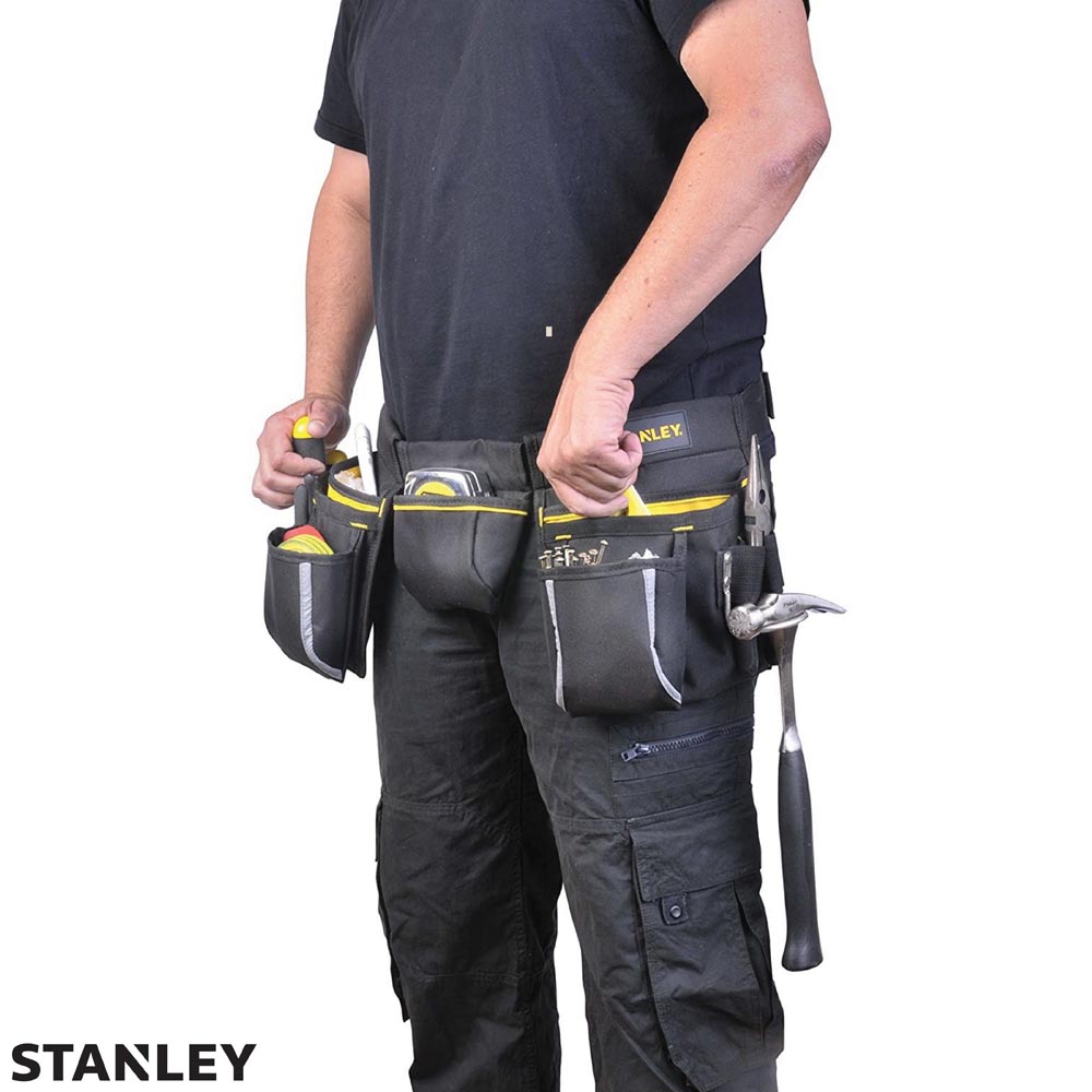 Ferretería Fredasi - Cinturón portaherramientas🛠️ con múltiples bolsillos  y soportes fabricado por Stanley . Gancho para martillo integrado, da un  cómodo acceso al martillo y a las herramientas. Hebillas metálica para  garantizar